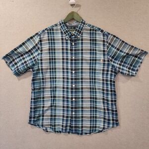 Woolrich Men's Short Sleeve Button Down Shirt - Blue Plaid - size XL - EUC‎